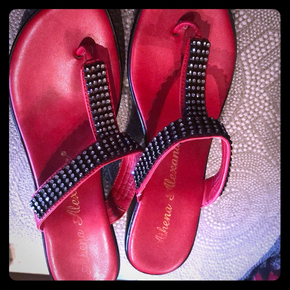 Athena Alexander red sandals with rhinestones